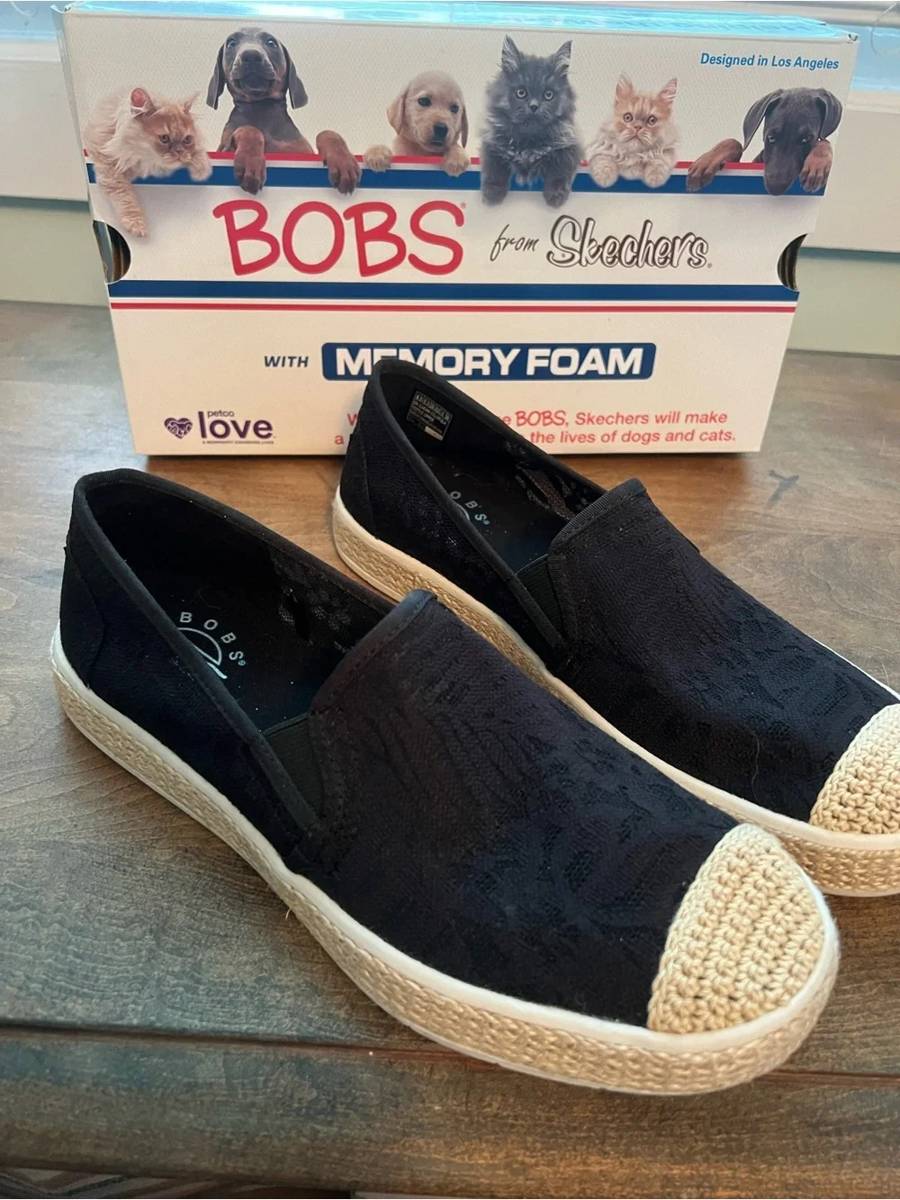 Skechers BOBS Black Slip-On Crochet Espadrille with Natural Toe